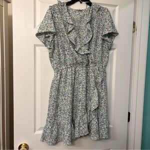 Lauren Conrad Dress Womens Blue Green Floral Ruffle Faux Wrap Short Sleeve XL